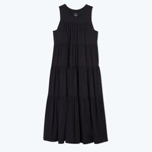 SUMMERSALT Black 100% Pima Cotton Gathered & Tiered Midi Dress Size M